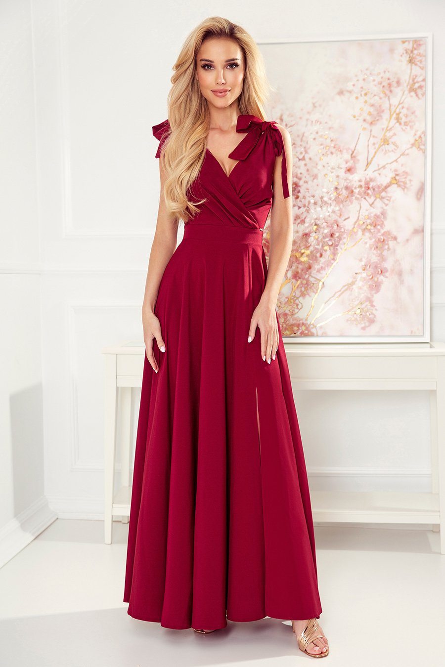 405-1 ELENA Long dress with a neckline and ties on the shoulders - Burgundy color-1 405-1 ELENA Long dress with a neckline and ties on the shoulders - Burgundy color-1