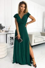 411-1 CRYSTAL long shimmering dress with a neckline - green-1