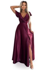 411-10 CRYSTAL satin long dress with a neckline - Burgundy color-7
