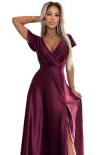 411-10 CRYSTAL satin long dress with a neckline - Burgundy color-8