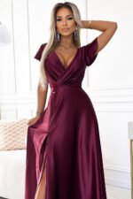 411-10 CRYSTAL satin long dress with a neckline - Burgundy color-4