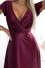 411-10 CRYSTAL satin long dress with a neckline - Burgundy color-6