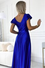 411-11 CRYSTAL satin long dress with a neckline - royal blue-5