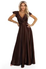 411-15 CRYSTAL satin long dress with a neckline - chocolate-9