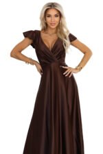 411-15 CRYSTAL satin long dress with a neckline - chocolate-8