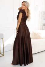 411-15 CRYSTAL satin long dress with a neckline - chocolate-3