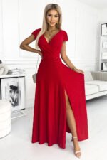 411-2 CRYSTAL long shimmering dress with a neckline - red-1