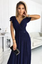 411-3 CRYSTAL long shimmering dress with a neckline - navy blue-3