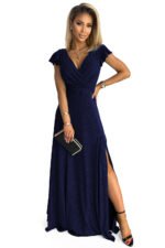 411-3 CRYSTAL long shimmering dress with a neckline - navy blue-7