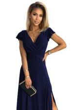 411-3 CRYSTAL long shimmering dress with a neckline - navy blue-8