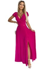 411-5 CRYSTAL long shimmering dress with a neckline - fuchsia-7