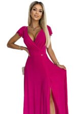 411-5 CRYSTAL long shimmering dress with a neckline - fuchsia-8