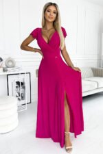 411-5 CRYSTAL long shimmering dress with a neckline - fuchsia-1
