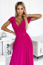 411-5 CRYSTAL long shimmering dress with a neckline - fuchsia-2
