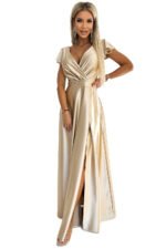 411-7 CRYSTAL satin long dress with a neckline - gold-7