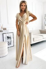 411-7 CRYSTAL satin long dress with a neckline - gold-1