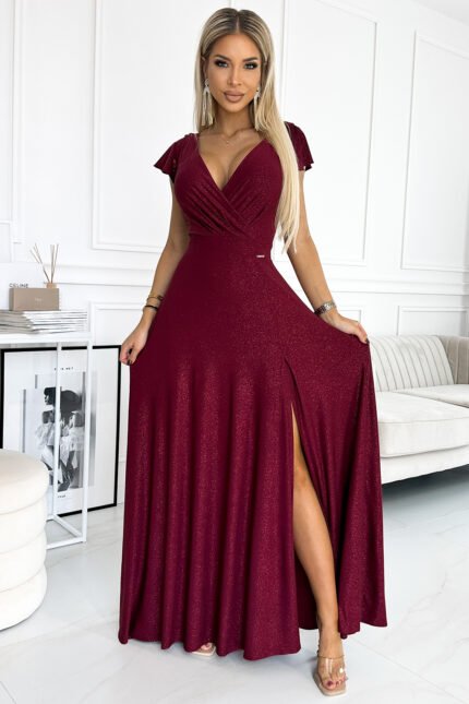 411-8 CRYSTAL long shimmering dress with a neckline - Burgundy color-1