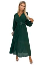 414-1 KLARA pleated dress with a belt and a neckline - bottle green-7