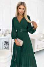 414-1 KLARA pleated dress with a belt and a neckline - bottle green-3