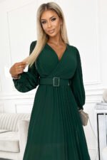 414-1 KLARA pleated dress with a belt and a neckline - bottle green-5