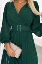 414-1 KLARA pleated dress with a belt and a neckline - bottle green-6