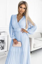 414-10 KLARA pleated dress with a belt and a neckline - light blue color-2