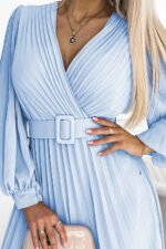 414-10 KLARA pleated dress with a belt and a neckline - light blue color-6