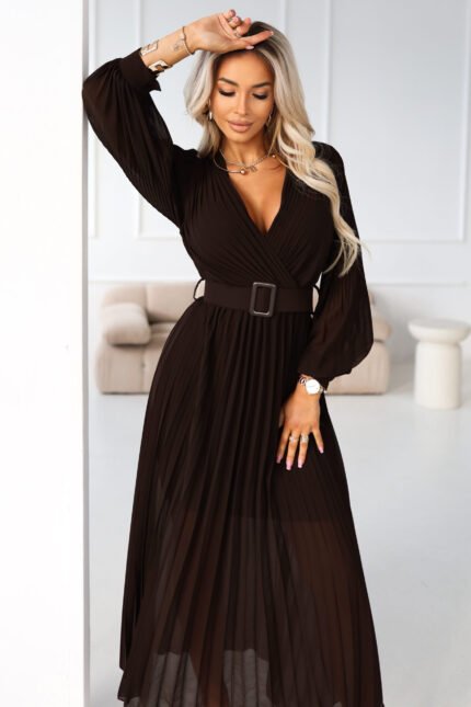 414-11 KLARA elegant pleated midi dress with a belt and neckline - chocolate-1