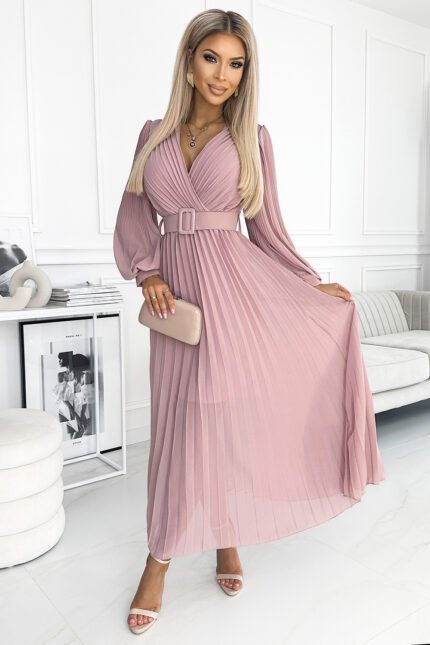 414-2 KLARA pleated dress with a belt and a neckline - powder pink-1