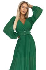 414-3 KLARA pleated dress with a belt and a neckline - green-8
