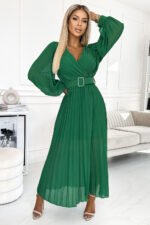 414-3 KLARA pleated dress with a belt and a neckline - green-1