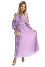 414-6 KLARA pleated dress with a belt and a neckline - lilac color-7