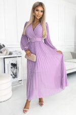 414-6 KLARA pleated dress with a belt and a neckline - lilac color-1