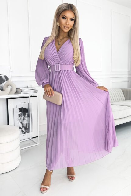 414-6 KLARA pleated dress with a belt and a neckline - lilac color-1