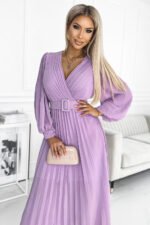 414-6 KLARA pleated dress with a belt and a neckline - lilac color-3