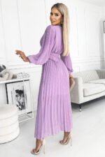 414-6 KLARA pleated dress with a belt and a neckline - lilac color-2