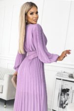 414-6 KLARA pleated dress with a belt and a neckline - lilac color-4