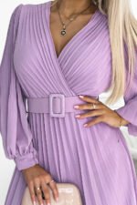 414-6 KLARA pleated dress with a belt and a neckline - lilac color-6