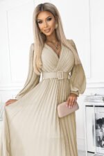 414-8 KLARA pleated dress with a belt and a neckline - beige-4