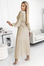 414-8 KLARA pleated dress with a belt and a neckline - beige-3