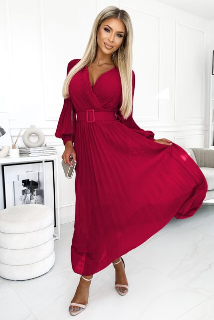 414-9 KLARA pleated dress with a belt and a neckline - Burgundy color-1