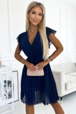 424-3 Chiffon pleated dress with a neckline and frills - navy blue-1