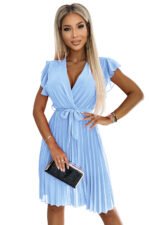 424-5 Chiffon pleated dress with a neckline and frills - light blue-4