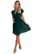 424-6 Chiffon pleated dress with a neckline and frills - green-6