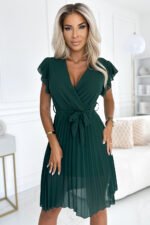 424-6 Chiffon pleated dress with a neckline and frills - green-1