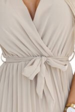 424-7 Chiffon pleated dress with neckline and ruffles - beige-5