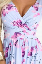425-14 MATILDE Flared midi dress with wrap neckline and short sleeve - blue with pink flowers-7