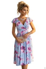 425-14 MATILDE Flared midi dress with wrap neckline and short sleeve - blue with pink flowers-8