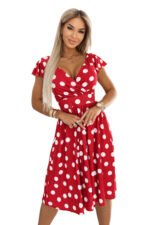 425-15 MATILDE Flared midi dress with a wrap neckline and short sleeves - burgundy with polka dots-7