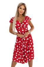 425-15 MATILDE Flared midi dress with a wrap neckline and short sleeves - burgundy with polka dots-7